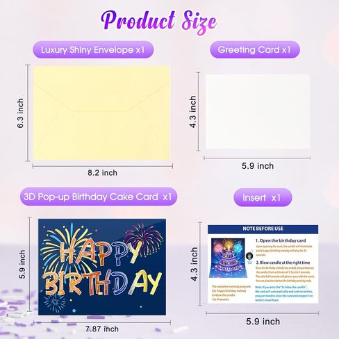 Fireworks Birthday Cards, 3D Pop Up Blowable Cake Greeting Cards with Lights Music, Happy Birthday Gifts for Women Men Kids Mom Dad Grandma in Kuwait