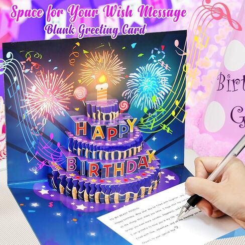 Fireworks Birthday Cards, 3D Pop Up Blowable Cake Greeting Cards with Lights Music, Happy Birthday Gifts for Women Men Kids Mom Dad Grandma in Kuwait
