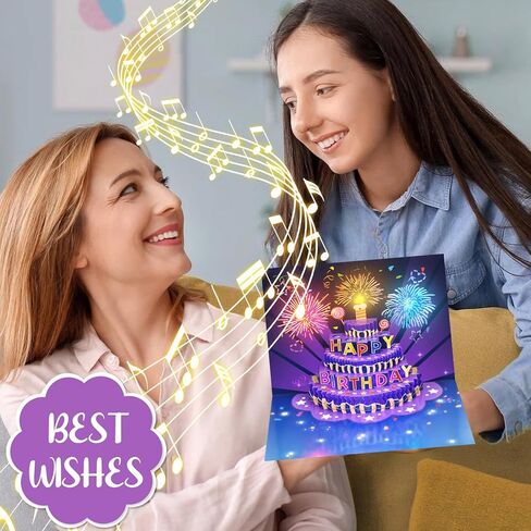 Fireworks Birthday Cards, 3D Pop Up Blowable Cake Greeting Cards with Lights Music, Happy Birthday Gifts for Women Men Kids Mom Dad Grandma in Kuwait