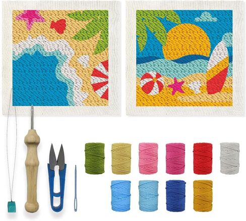 ORIGACH 2 Set Embroidery Punch Needle Kit with Frame, Summer Beach Needle Punching Kit with Patterns, Threads, Tools & Instructions for Beginners & Adults, DIY Wall Hanging Decor in Saudi Arabia
