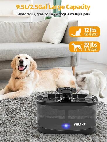 SIBAYS 2.5Gal/9.5L Dog Water Fountain for Large Dogs, 3 Flow Modes Large Pet Water Fountain for Cats, Automatic Dog Water Bowl Dispenser with 7" Filter & Smart LED Pump, Quiet, BPA-Free Material(FS68) in Kuwait