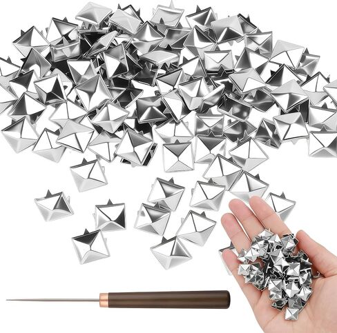 100pcs أزرار هرم مربعة للملابس - مسامير شرير من الفضة من الفضة مع مقبض خشبي AWL ، وأربعة أزرار مربعة من فئة الفك للملابس الصخرية الشرير ، والجلد ، وأيبار الحيوانات الأليفة ، والأكياس والأحزمة DIY (الفضة) in Saudi Arabia