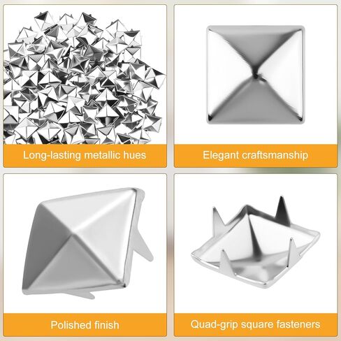 100pcs أزرار هرم مربعة للملابس - مسامير شرير من الفضة من الفضة مع مقبض خشبي AWL ، وأربعة أزرار مربعة من فئة الفك للملابس الصخرية الشرير ، والجلد ، وأيبار الحيوانات الأليفة ، والأكياس والأحزمة DIY (الفضة) in Saudi Arabia