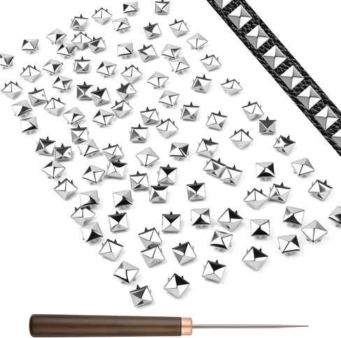100pcs أزرار هرم مربعة للملابس - مسامير شرير من الفضة من الفضة مع مقبض خشبي AWL ، وأربعة أزرار مربعة من فئة الفك للملابس الصخرية الشرير ، والجلد ، وأيبار الحيوانات الأليفة ، والأكياس والأحزمة DIY (الفضة) in Saudi Arabia