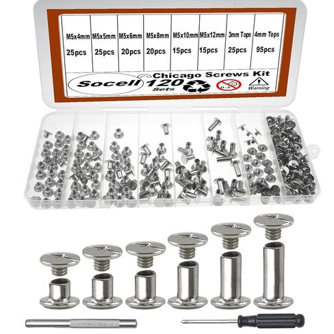 120Sets Chicago Screws Kit,Socell 6 Sizes Chicago Screws for Leather,Binding Screws Leather Rivet kit for Crafts, Clothing, Shoes, Belts, Bags, and Custom-Made Items(Silver, M5*4,5,6,8,10,12) in Kuwait