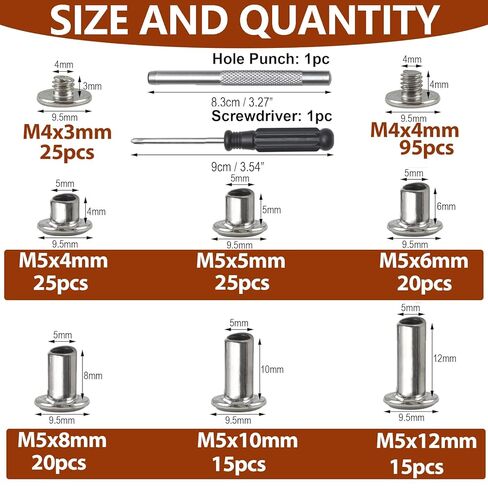 120Sets Chicago Screws Kit,Socell 6 Sizes Chicago Screws for Leather,Binding Screws Leather Rivet kit for Crafts, Clothing, Shoes, Belts, Bags, and Custom-Made Items(Silver, M5*4,5,6,8,10,12) in Kuwait