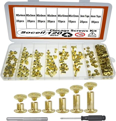 120Sets Chicago Screws Kit,Socell 6 Sizes Chicago Screws for Leather,Binding Screws Leather Rivet kit for Crafts, Clothing, Shoes, Belts, Bags, and Custom-Made Items(Silver, M5*4,5,6,8,10,12) in Saudi Arabia