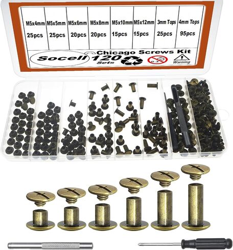 120Sets Chicago Screws Kit,Socell 6 Sizes Chicago Screws for Leather,Binding Screws Leather Rivet kit for Crafts, Clothing, Shoes, Belts, Bags, and Custom-Made Items(Silver, M5*4,5,6,8,10,12) in Saudi Arabia