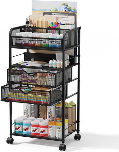 Art cart, 5 Tier Rolling Cart - Utility Cart with Storage Drawer and Wheels, Versatile Art & Craft Organizer for Home, Office, or Studio Ideal for Storing Brushes, Paints in Kuwait