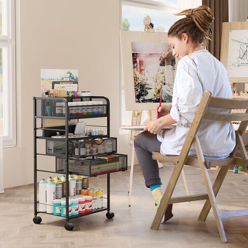 Art cart, 5 Tier Rolling Cart - Utility Cart with Storage Drawer and Wheels, Versatile Art & Craft Organizer for Home, Office, or Studio Ideal for Storing Brushes, Paints in Kuwait