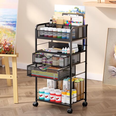 Art cart, 5 Tier Rolling Cart - Utility Cart with Storage Drawer and Wheels, Versatile Art & Craft Organizer for Home, Office, or Studio Ideal for Storing Brushes, Paints in Kuwait
