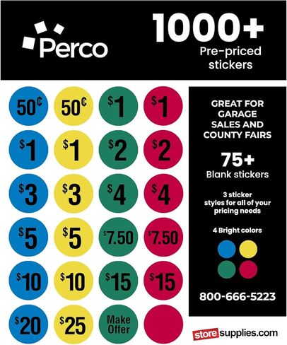ملصقات أسعار بيع Garage Perco-1000+ من الملصقات الفارغة قبل 75 عامًا-علامات أسعار سهلة القراءة لأسعار فعالة وجذابة-مثالية لمبيعات الفناء وأسواق السلع المستعملة ومعارض المقاطعات واستخدام التجزئة in Saudi Arabia