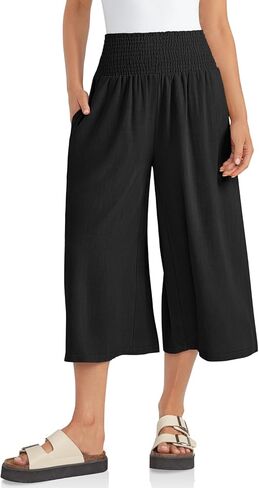 TARSE Womens Linen Palazzo Pants Boho High Waisted Wide Leg Casual Lounge Pant Trousers with Pockets- 19"/28" Inseam in Kuwait
