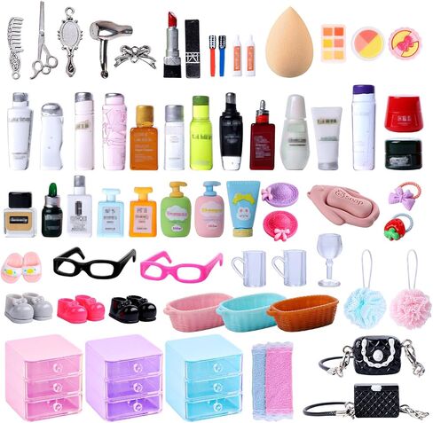 76pcs ملحقات Dollhouse Miniature ، حمام Dollhouse مع مجموعة من منشفة شامبو فرشاة الأسنان مجموعة أدوات نظافة ، مجموعة مصغرة لتخزين المجوهرات حقيبة ظهر للفتاة in Saudi Arabia