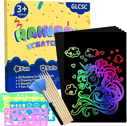 60 Pcs Scratch Art for Kids, Rainbow Scratch Paper, Black Magic Scratch Off Craft Set for 3 4 5 6 7 8 9 10 Years Old Girls and Boys Kids, Party Games Christmas Birthday Easter Gifts in Saudi Arabia