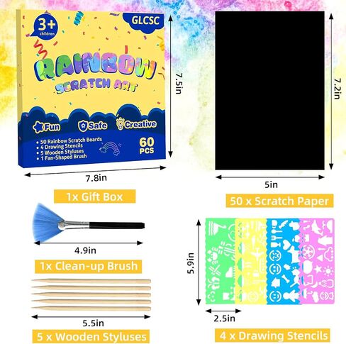 60 Pcs Scratch Art for Kids, Rainbow Scratch Paper, Black Magic Scratch Off Craft Set for 3 4 5 6 7 8 9 10 Years Old Girls and Boys Kids, Party Games Christmas Birthday Easter Gifts in Saudi Arabia