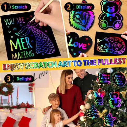60 Pcs Scratch Art for Kids, Rainbow Scratch Paper, Black Magic Scratch Off Craft Set for 3 4 5 6 7 8 9 10 Years Old Girls and Boys Kids, Party Games Christmas Birthday Easter Gifts in Saudi Arabia