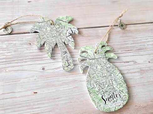 زخرفة | Hilton Head ، Sc Palm Leaf Wood Map Ornament | 4 "| مثالي لزجاجات النبيذ أو حقائب الهدايا أو شجرة عيد الميلاد | هدية فريدة لأي مناسبة in Kuwait