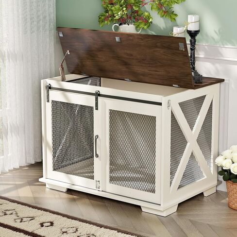 37" Wooden Dog Crate Furniture for Small Medium Dogs, Indoor Heavy Duty Dog Kennel with Sliding Door & Divider, Flip-top Dog Cage TV Stand Table Gray Wash in Saudi Arabia