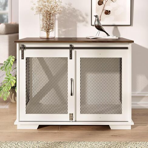 37" Wooden Dog Crate Furniture for Small Medium Dogs, Indoor Heavy Duty Dog Kennel with Sliding Door & Divider, Flip-top Dog Cage TV Stand Table Gray Wash in Saudi Arabia