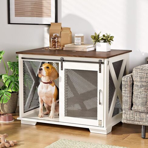 37" Wooden Dog Crate Furniture for Small Medium Dogs, Indoor Heavy Duty Dog Kennel with Sliding Door & Divider, Flip-top Dog Cage TV Stand Table Gray Wash in Saudi Arabia