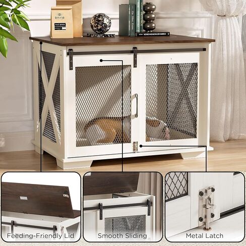 37" Wooden Dog Crate Furniture for Small Medium Dogs, Indoor Heavy Duty Dog Kennel with Sliding Door & Divider, Flip-top Dog Cage TV Stand Table Gray Wash in Saudi Arabia