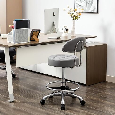 Drafting Stool with Back (Swivel Chair with Quiet Wheels) (Adjustable Height 20-27 inch) Rolling Office Swivel Stool (Gray) in Kuwait