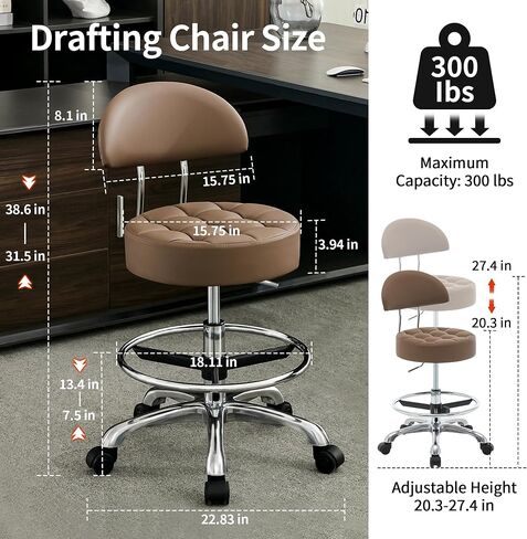 Drafting Stool with Back (Swivel Chair with Quiet Wheels) (Adjustable Height 20-27 inch) Rolling Office Swivel Stool (Gray) in Kuwait