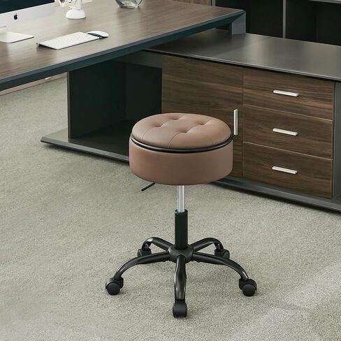 Drafting Chair with Storage, Adjustable Desk Stool with Wheels 20.67"-24.61", Coffee Brown Ergonomic Office Stool in Kuwait