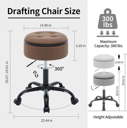 Drafting Chair with Storage, Adjustable Desk Stool with Wheels 20.67"-24.61", Coffee Brown Ergonomic Office Stool in Kuwait