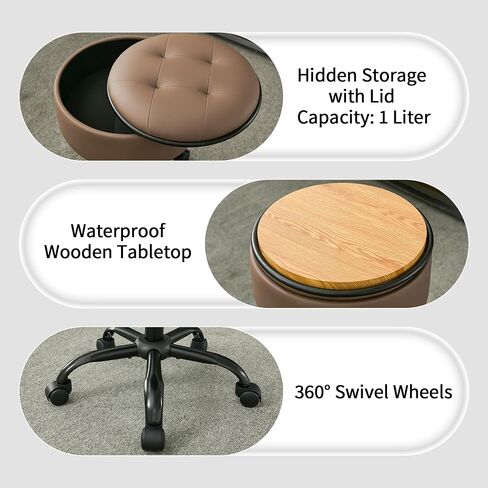Drafting Chair with Storage, Adjustable Desk Stool with Wheels 20.67"-24.61", Coffee Brown Ergonomic Office Stool in Kuwait