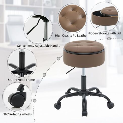 Drafting Chair with Storage, Adjustable Desk Stool with Wheels 20.67"-24.61", Coffee Brown Ergonomic Office Stool in Kuwait
