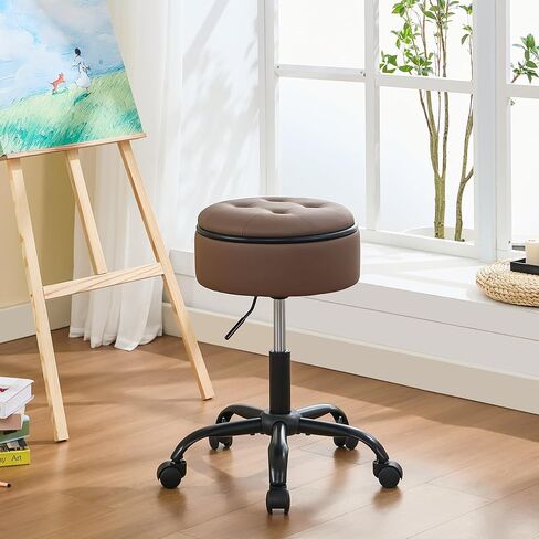 Drafting Chair with Storage, Adjustable Desk Stool with Wheels 20.67"-24.61", Coffee Brown Ergonomic Office Stool in Kuwait