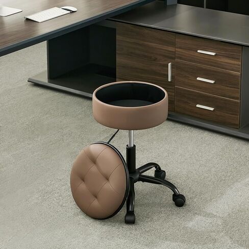 Drafting Chair with Storage, Adjustable Desk Stool with Wheels 20.67"-24.61", Coffee Brown Ergonomic Office Stool in Kuwait