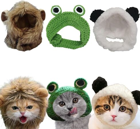 3pcs Hat for Cat Animal Costume Pack, Lion Head for Cats, Cat Panda Costumes, Frog Costume for Cats, Adjustable Washable Soft Small Pet Headwear Accessory, Costumes Pet Clothes (Lion, Panda, Frog) in Kuwait