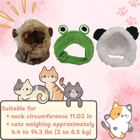 3pcs Hat for Cat Animal Costume Pack, Lion Head for Cats, Cat Panda Costumes, Frog Costume for Cats, Adjustable Washable Soft Small Pet Headwear Accessory, Costumes Pet Clothes (Lion, Panda, Frog) in Kuwait