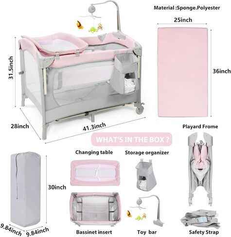 SIMPLGIRL 5-in-1 Pink Baby Bassinet Bedside Crib, Pack n Play Long Next to Parents Bed Crib, Foldable Playard, Playpen Travel Bed Nursery Center for Girl Infant Newborn in Saudi Arabia