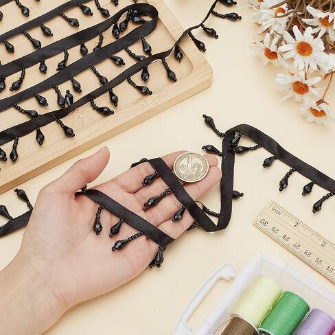 arricraft 4M (4.37 Yards) Black Teardrop Beaded Tassel Trim, Irregular Acrylic Bead Tassel Sewing Beaded Tassel Trim for DIY Sewing Craft Clothing Home Curtain Decoration in Saudi Arabia