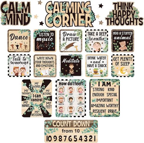 17 Pcs Calming Corner Classroom Decorations Bulletin Board Set Calm Down Posters Feelings Chart Mental Health Therapy Emotions Wall Decor for Kindergarten Preschool (Eucalyptus) in Saudi Arabia
