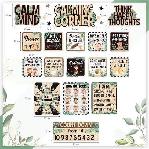 17 Pcs Calming Corner Classroom Decorations Bulletin Board Set Calm Down Posters Feelings Chart Mental Health Therapy Emotions Wall Decor for Kindergarten Preschool (Eucalyptus) in Saudi Arabia