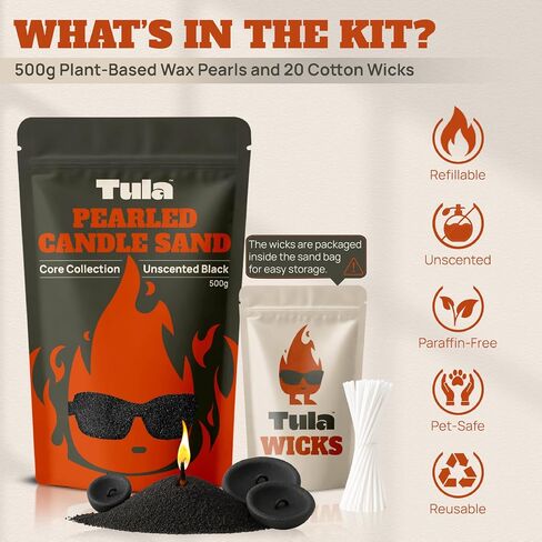 Tula Pearled Candle – 18 oz Pearled Candles Sand and Wicks Kit – Plant-Based Pearled Wax – No Paraffin and Pet-Friendly – Unscented Refillable Candle Pearls - 20 wicks – Long-Lasting White Sand Refill in Saudi Arabia