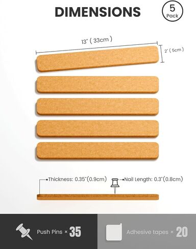 لوحة Cork البديلة اللوحة الشريطية 5 عبوات 13 "x2" ، لوحة دبوس المكتب مع 35 دبابيس الدفع ، وتثبيت لاصق لأبواب غرفة النوم ومكتب منزلي (برونزية ذهبية) in Kuwait