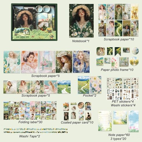 Scrapbooking Supplies Kit, Vintage People Aesthetic Scrapbook Kit, Junk Journal Supplies with Scrapbook Paper, Scrapbook Stickers, A6 Grid Notebook, Stationery, Journaling Supplies for DIY Art Craft in Kuwait