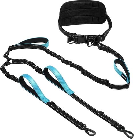 Heavy Duty Hands Free Double Dog Leash for Large Medium Breeds, 6-8ft Reflective Strong Nylon Bungee Leash with No-Tangle Design, Wide Waist Belt, 4 Padded Handles in Saudi Arabia