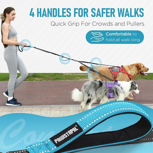 Heavy Duty Hands Free Double Dog Leash for Large Medium Breeds, 6-8ft Reflective Strong Nylon Bungee Leash with No-Tangle Design, Wide Waist Belt, 4 Padded Handles in Saudi Arabia