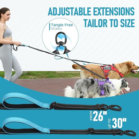Heavy Duty Hands Free Double Dog Leash for Large Medium Breeds, 6-8ft Reflective Strong Nylon Bungee Leash with No-Tangle Design, Wide Waist Belt, 4 Padded Handles in Saudi Arabia
