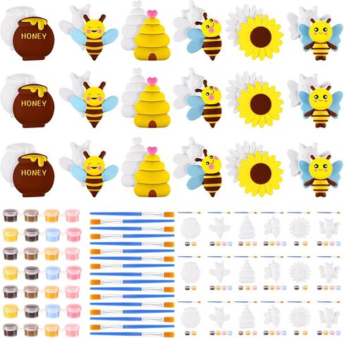 Geelin 18 Set Bee DIY Painting Kit Summer Ceramic to Paint Your Own Bee Statues Unpainted Plaster Figurines Brushes Acrylic Paints Bags Party Favor for Adults in Saudi Arabia