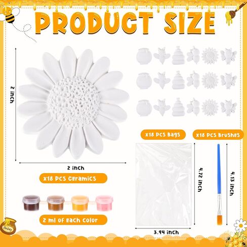 Geelin 18 Set Bee DIY Painting Kit Summer Ceramic to Paint Your Own Bee Statues Unpainted Plaster Figurines Brushes Acrylic Paints Bags Party Favor for Adults in Saudi Arabia
