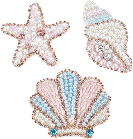 WEBEEDY 3 Styles Sea Animals Beaded Patches Pearl Applique Sewing Patches Pink Conchs Shells Starfish Shape Rhinestone Beaded Applique for Clothes Bag Pants Shoes Hats Summer DIY Accessories in Saudi Arabia