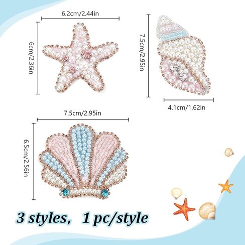 WEBEEDY 3 Styles Sea Animals Beaded Patches Pearl Applique Sewing Patches Pink Conchs Shells Starfish Shape Rhinestone Beaded Applique for Clothes Bag Pants Shoes Hats Summer DIY Accessories in Saudi Arabia